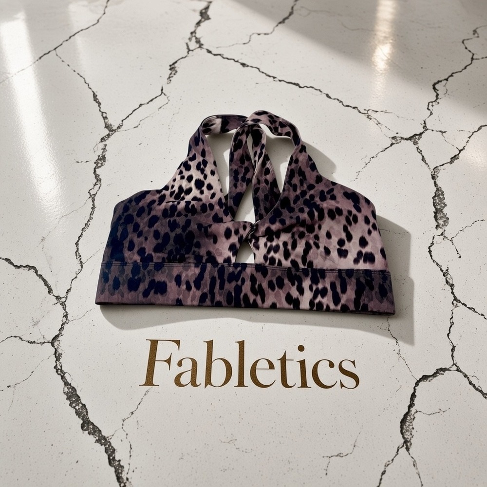 Fabletics Leopard Print Front Twist Racerback Sports Bra Mauve Black Medium